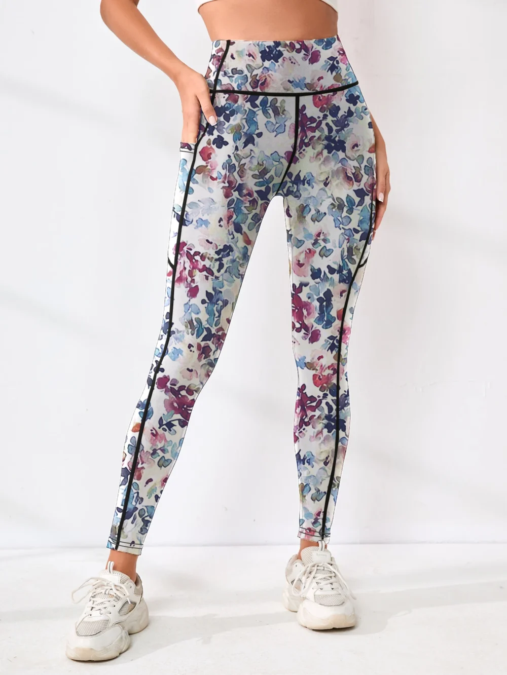 Printed women's high waistband pocket fitness pants paired with tight abdominal yoga pants, suitable for running, hiking, and sp - Image 2