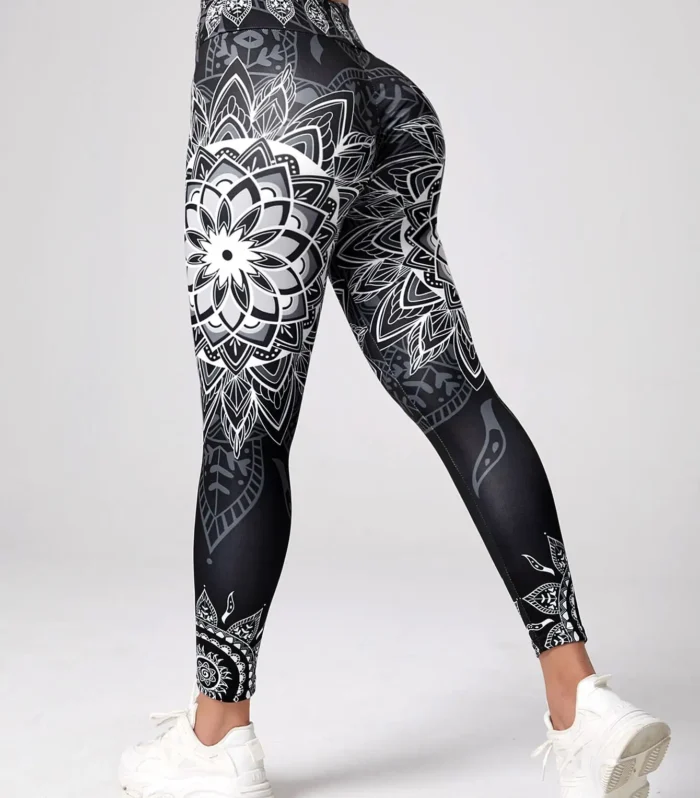 Lotus patterned high waisted leggings, suitable for yoga, running, and dancing as hip lifting sportswear - sporty and fashionabl