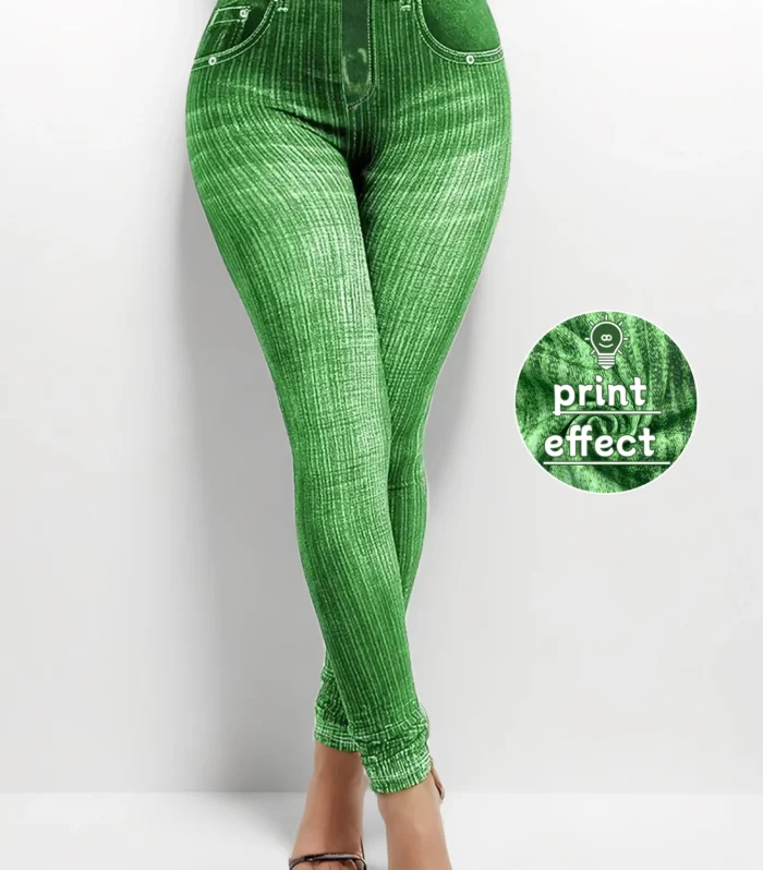 Plus size women's leggings with denim print and line pattern, showcasing a fashion-forward and casual high-stretch knitted pants