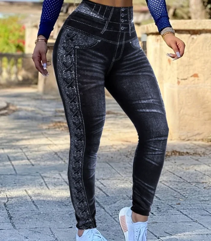 Sport Leggings Woman Side Floral Print Fake Denim High Waist Pants for Women Leggings Women's Fashion Butt Lifting Tights Pants